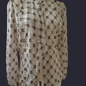 80s Inspired Satin Chain Print Blouse – Vintage Style Secretary Top – L